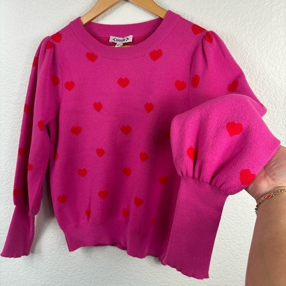 Nanette Lepore Pink Sweater with Red Hearts Crew Neck NWT New size small - Picture 2 of 6